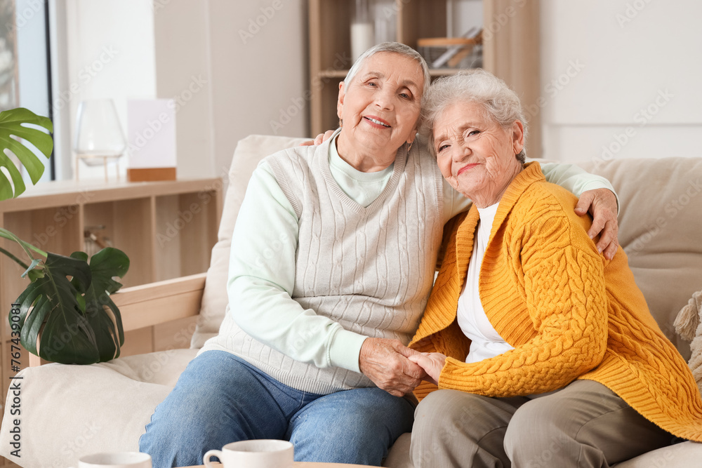 Senior female friends hugging on sofa at home Senior female friends hugging on sofa at home