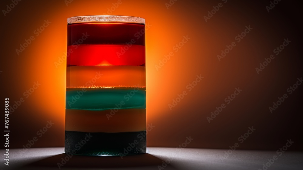 a tall glass filled with red, orange, and green liquid sitting on top of a table next to a wall. a tall glass filled with red, orange, and green liquid sitting on top of a table next to a wall.