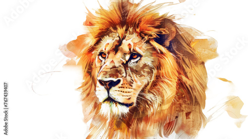 Close-up of the face of a multi-colored lion with multi-colored fur on a white background. Watercolor paints.png