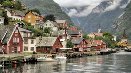  a row of houses next to a body of water with a boat in the foreground and mountains in the background.