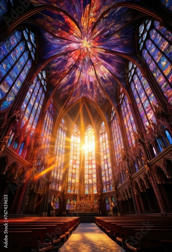 A church with stained glass windows and a sun shining through. Generative AI.