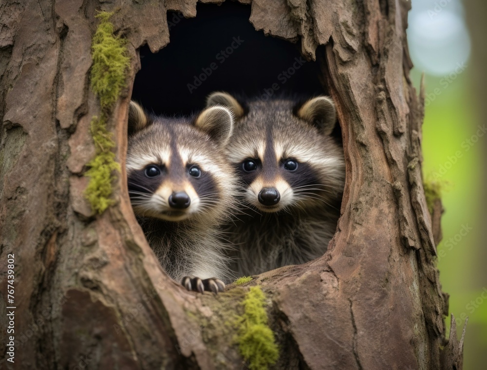 Fototapeta premium Two raccoons peeking out of a hole in the tree. Generative AI.