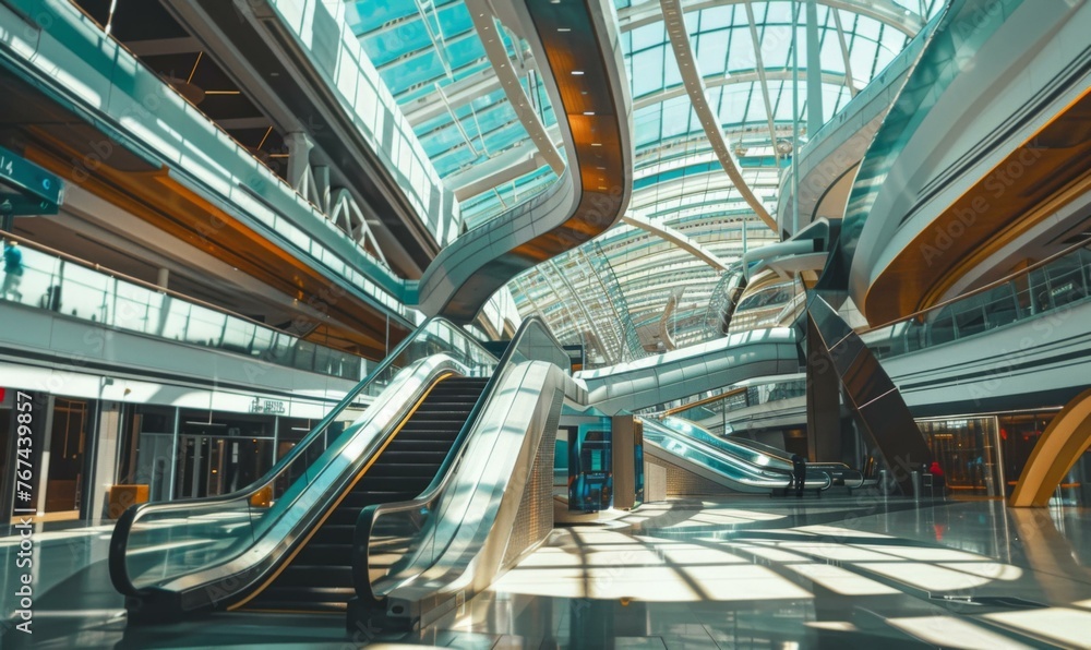 A large escalator inside a building with glass walls. Generative AI. A large escalator inside a building with glass walls. Generative AI.