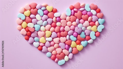 A heart shaped pile of candy on a pink background. Generative AI.