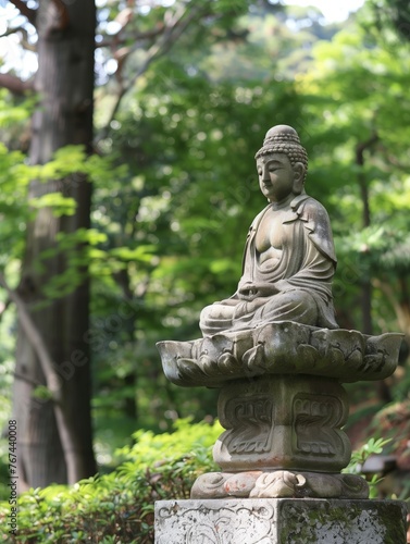 Una estatua de Buda de piedra medita en tranquila reposo entre los susurros del bosque, una encarnación de la paz y la atención plena que sirve como un suave recordatorio de la quietud interior. photo