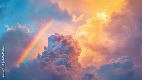 Un arcoíris caleidoscópico corta a través de un cielo tumultuoso, donde las nubes se revuelven en un tempestad de colores, atrapadas entre la furia dorada y el tranquilo azul, creando una obra maestra photo