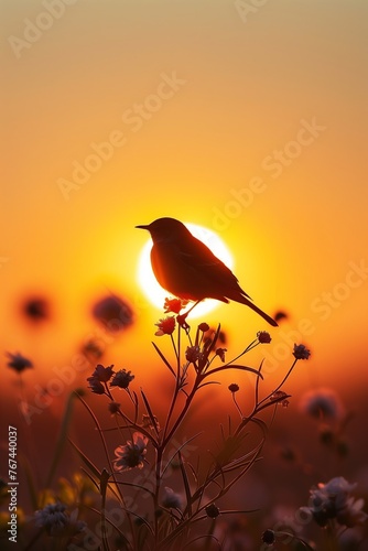 Silueteado contra el lienzo ardiente del sol poniente, un ave solitaria se posa en paz, su silueta una nota delicada en la sinfonía visual del crepúsculo. photo