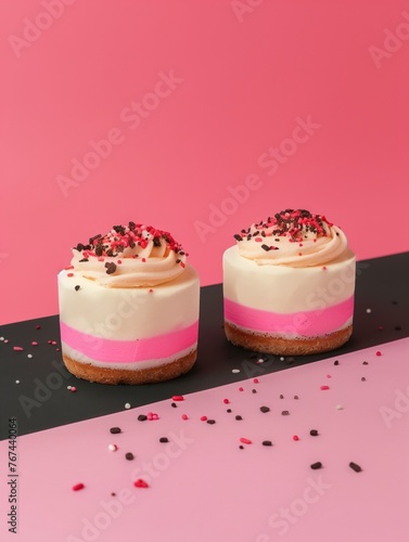 Frente a un fondo rosa pálido, dos mini pasteles se erigen con audacia, sus capas de rosa y crema narran una historia de dulzura, coronadas con un delicado esparcido de confeti carmesí y chocolate. photo