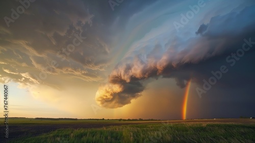 Una nube de tormenta dramática se despliega a través del cielo, sus curvas rodantes pintadas por el sol poniente, mientras un arcoíris radiante corta la penumbra, un arco brillante de esperanza.