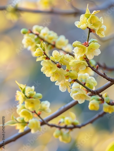 Un delicado ramillete de flores, cada pétalo como una nota de una melodía primaveral, con la luz dorada filtrándose, anunciando la llegada tranquila de una estación rejuvenecedora.