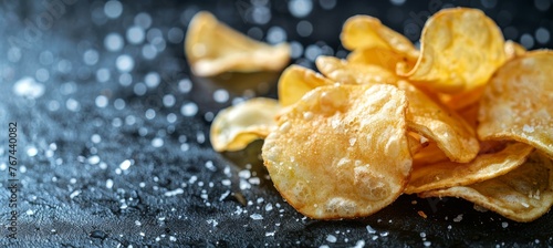 Crispy golden potato chips cooked in bubbling oil, seasoned to perfection, irresistibly crunchy
