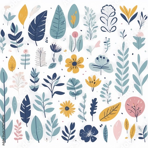 A collection of seamless pattern, colorful abstract plants and flowers. Hand drawn Collection of leaves and flowers. A close up of a pattern of flowers and leaves.  © Yasir