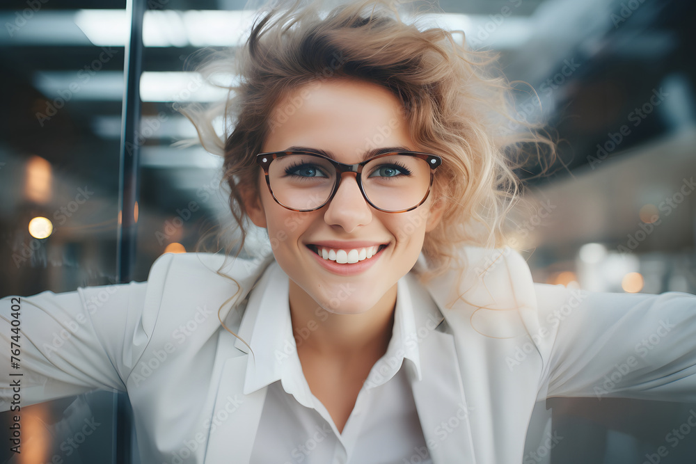 portrait of a happy beautiful young woman wearing glasses in the office hallway portrait of a happy beautiful young woman wearing glasses in the office hallway