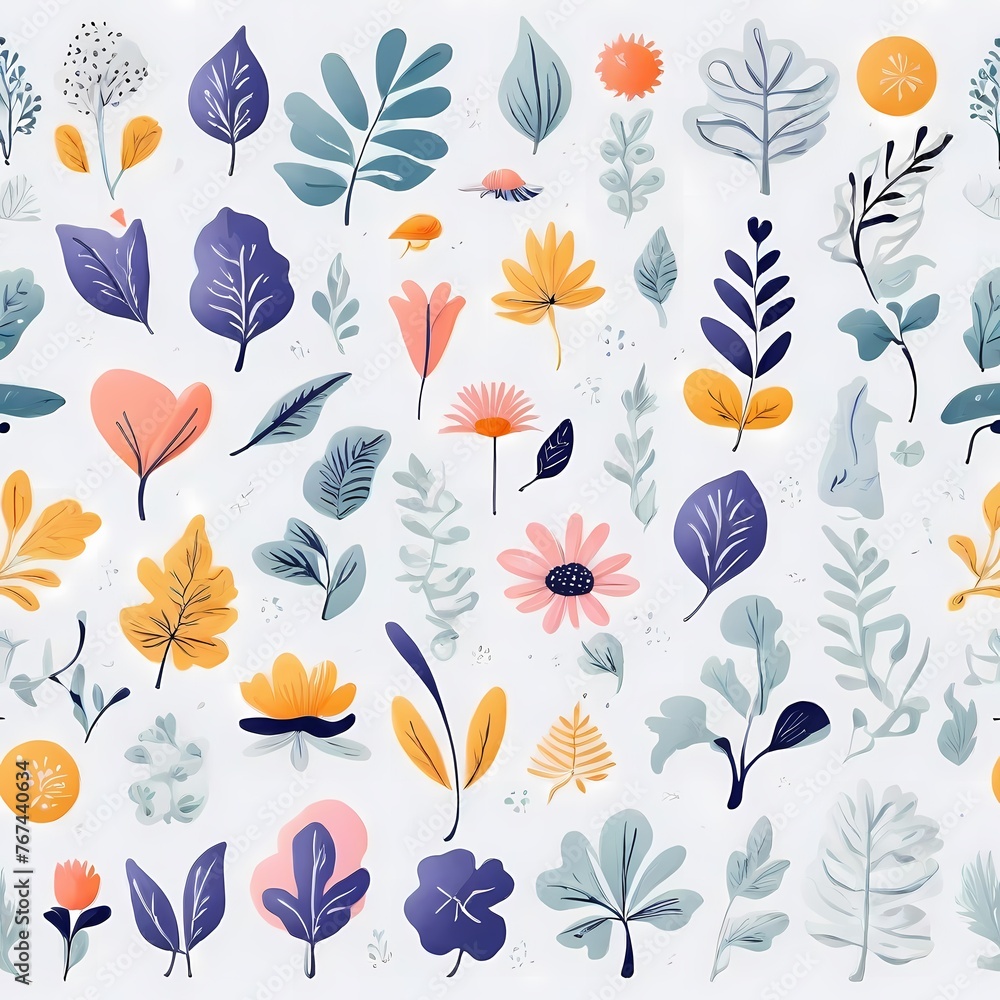A collection of seamless pattern, colorful abstract plants and flowers. Hand drawn Collection of leaves and flowers. A close up of a pattern of flowers and leaves.
A collection of seamless pattern, colorful abstract plants and flowers. Hand drawn Collection of leaves and flowers. A close up of a pattern of flowers and leaves.