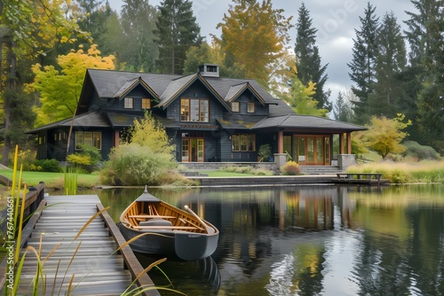 A craftsman house with a dark exterior, overlooking a serene lake with a wooden dock and a rowboat.