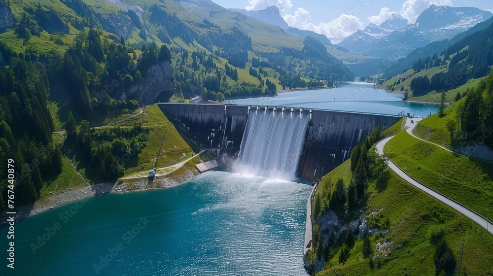 Aerial view of a Swiss mountain hydroelectricity reservoir dam generating renewable energy and contributing to the reduction of global warming during summer, showcasing decarbonization efforts Aerial view of a Swiss mountain hydroelectricity reservoir dam generating renewable energy and contributing to the reduction of global warming during summer, showcasing decarbonization efforts
