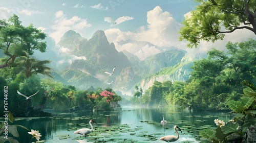 vector illustration of tropical lake with mountains, trees and ibis in jungle rainforest wetland  © Ziyan