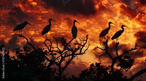 Ibises on Branches Silhouetted at Sunset 