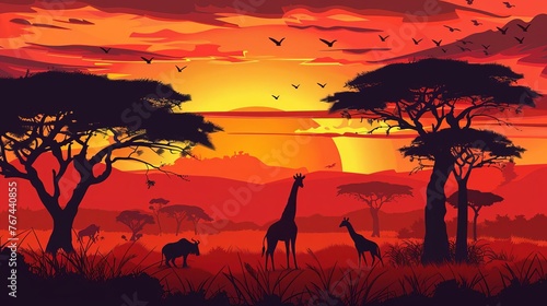 African savannah landscape at sunset with acacia trees and wildlife silhouettes, vector illustration © Bijac