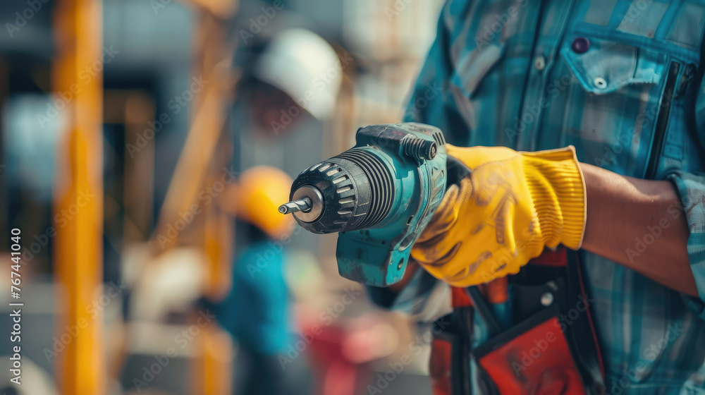 a worker holds a drill in his hands, drills a wall, construction, builder, house, architecture, background, concrete, man, hands, tools a worker holds a drill in his hands, drills a wall, construction, builder, house, architecture, background, concrete, man, hands, tools
