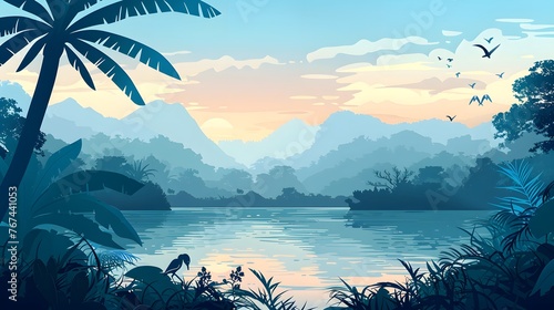 vector illustration of tropical lake with mountains, trees and ibis in jungle rainforest wetland
 photo