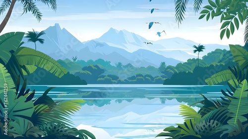 vector illustration of tropical lake with mountains  trees and ibis in jungle rainforest wetland 