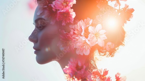 Double exposure portrait of young woman with floral elements, natural beauty and lifestyle concept © Bijac