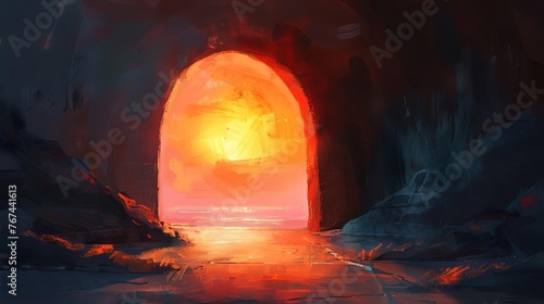 Empty tomb of Jesus Christ illustration - Open grave at sunrise, resurrection symbol, Easter holiday concept, digital painting