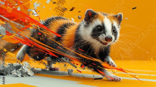 Energetic ferret leap on vibrant orange backdrop; artistic rendering of a ferret jumping amidst dynamic abstract elements on an orange background