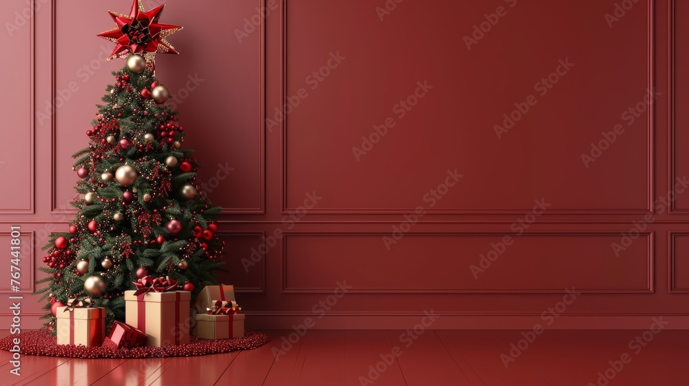 Festive christmas tree with gold ornaments, presents, red holiday background for merry celebration