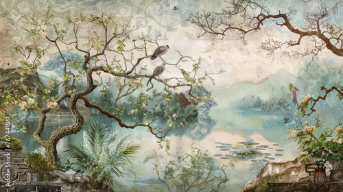 Tropical Exotic Landscape Wallpaper. Hand Drawn Chinoiserie Wall Design. Luxury Mural © Fatih