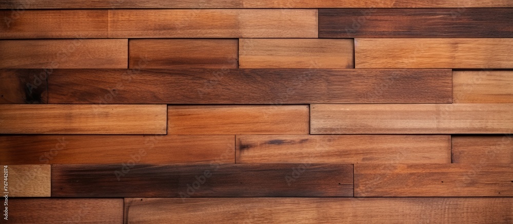 A close up of a brown wooden wall constructed with rectangular wooden blocks. The ambercolored wood stain highlights the natural beauty of the planks, resembling a brick wall A close up of a brown wooden wall constructed with rectangular wooden blocks. The ambercolored wood stain highlights the natural beauty of the planks, resembling a brick wall