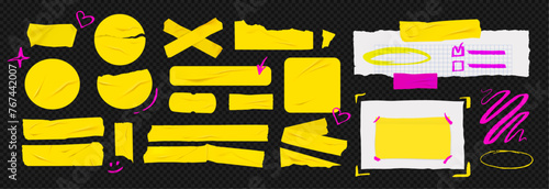 Template a tape with wrinkles. Set of yellow scotch for collage. Square and round stickers with glued texture. Vector realistic mockup set. Torn paper and plastic labels with pink arrows.