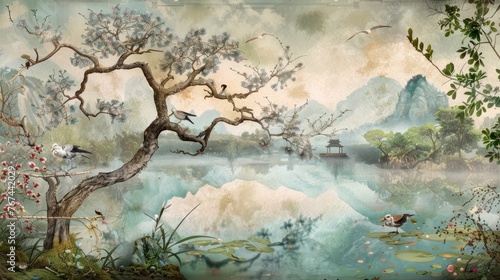 Tree by the lake. Misty landscape. Tree with birds in the Japanese garden. Chinoiserie mural, Wallpaper for interior printing