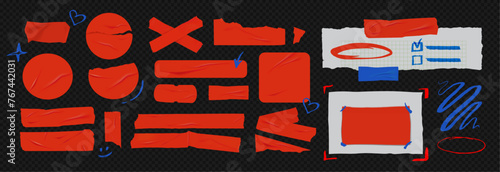 Template a tape with wrinkles. Set of red scotch for collage. Square and round stickers with glued texture. Vector realistic mockup set. Torn paper and plastic labels with blue arrows.