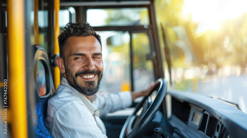 bus driver behind the wheel, smiling man, portrait, face, public transport, professional, worker, employee, trolleybus, people, person, road, window, steering wheel, interior, salon bus driver behind the wheel, smiling man, portrait, face, public transport, professional, worker, employee, trolleybus, people, person, road, window, steering wheel, interior, salon