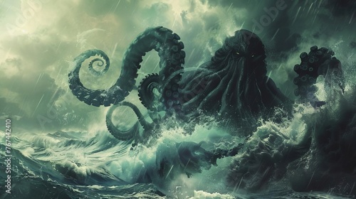 Mysterious Cthulhu monster rising from stormy sea, huge tentacles emerging from crashing waves, dramatic seascape, digital painting photo