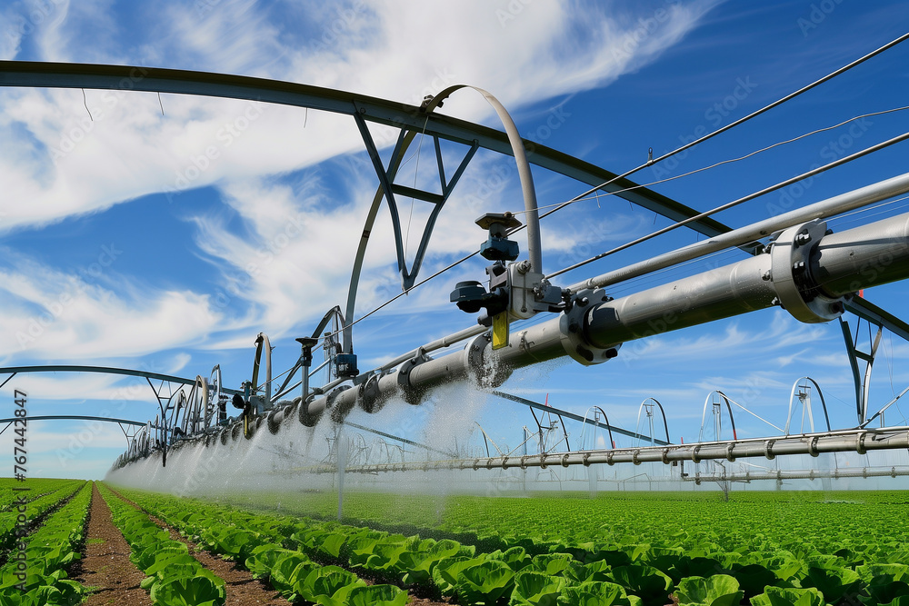 Fototapeta premium Large irrigation system for watering lettuce plants in lettuce field
