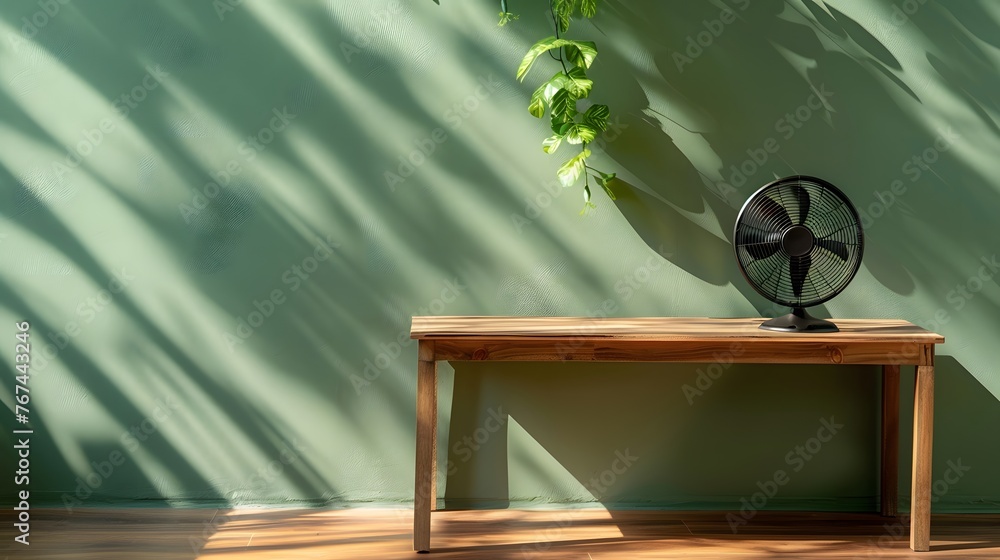 Wooden table with modern electric fan near green wall

