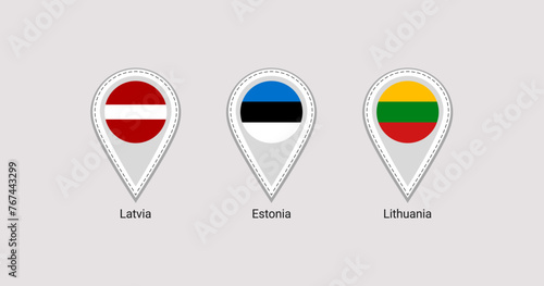 The Baltics flags map pins isolated icons vector illustration. Lithuania, Estonia, Latvia national symbols stickers collection. Baltic states location point, signs shapes. Isolated markers badges.