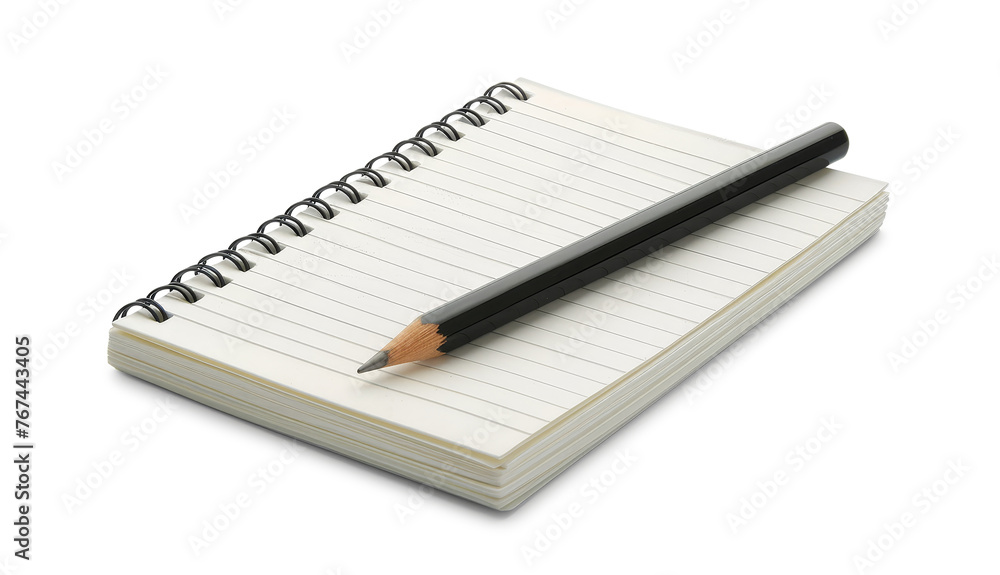 Open notepad with a pen and pencil isolated on a transparent or white background.