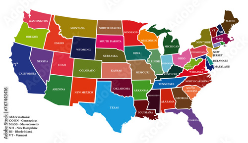 USA vector map isolated on transparent or white background. Editable and clear map of the United States with names of administrative divisions. Vector illustration.