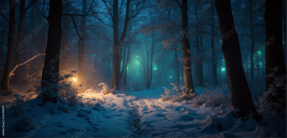 Magical dark fairy tale winter night forest at night with glowing lights and fog and flying particles.