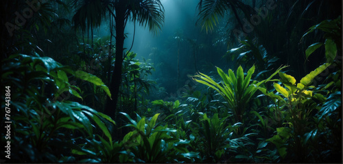 Fototapeta Naklejka Na Ścianę i Meble -  Magical night jungle at night with glowing lights and fog and flying particles