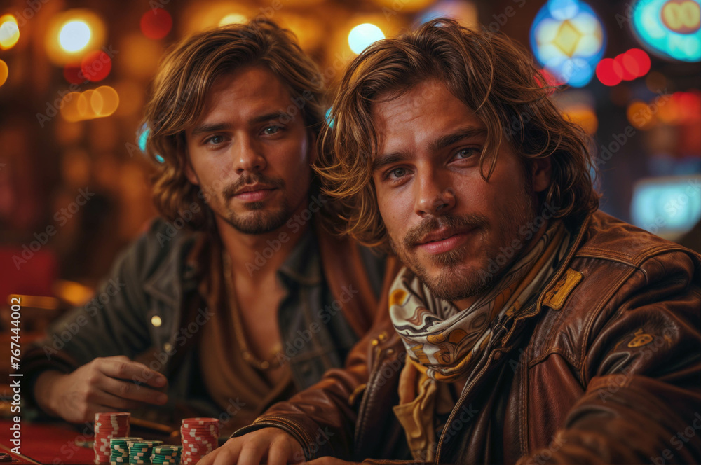In a lively casino setting, two casually dressed individuals engage in a contemplative game, surrounded by the vibrant glow of neon lights and the allure of chance.
