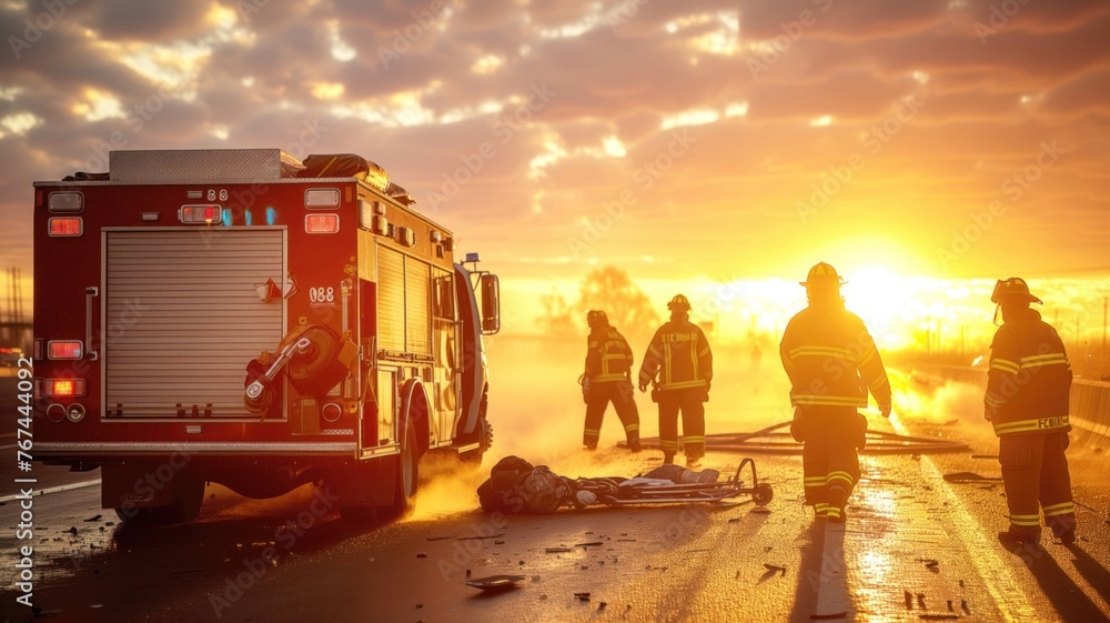 firefighters on the scene with a fire engine and emergency lights symbolizing urgency, rescue operations and bravery of first responders.