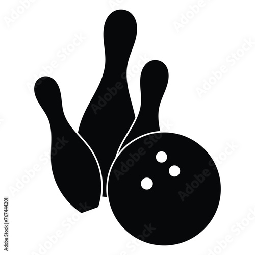 Bowling vector icon. Bowling pins skittles with ball. Sport, game tournament, club symbol. Black silhouette. Solid logo illustration.