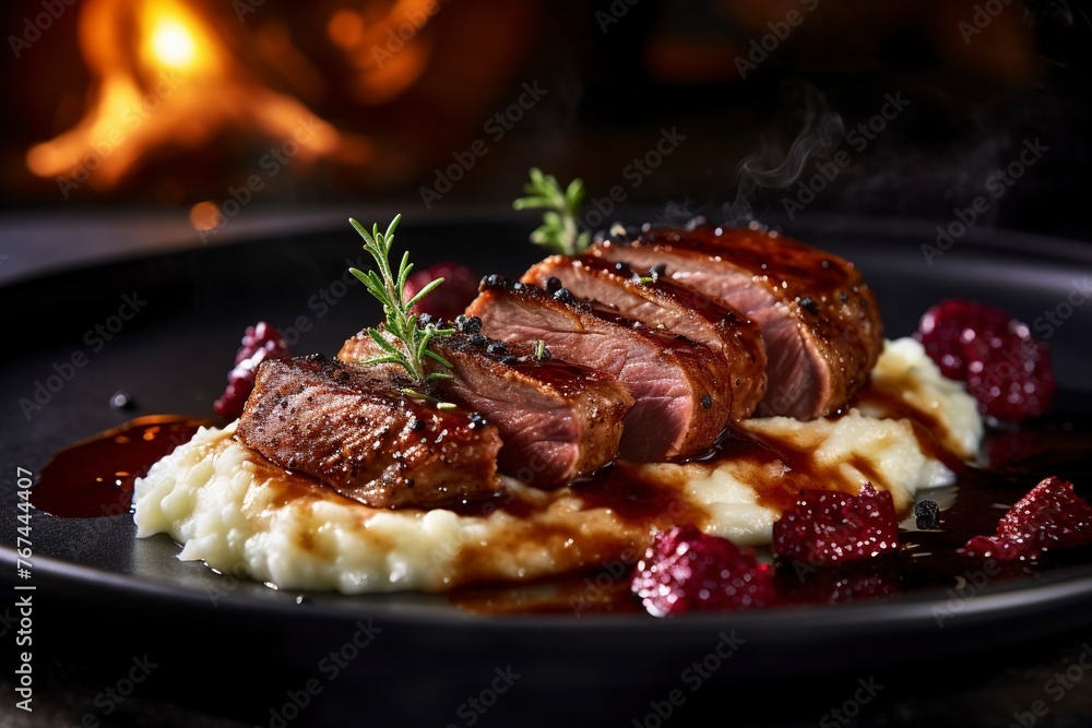 Glazed duck fillet, mashed potatoes seasoned with truffle oil, fig and aniseed sauce Glazed duck fillet, mashed potatoes seasoned with truffle oil, fig and aniseed sauce