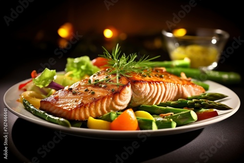 Grilled salmon with asparagus, pea, yellow peppers, carrots and spring onions on white plate