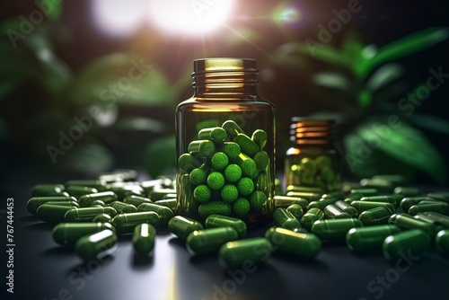 Herbal pills with bottle on background